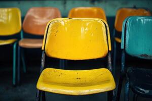 A single yellow chair stands out from a row of multicolored chairs in a worn and faded classroom. photo