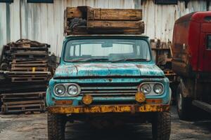 A weathered blue pickup truck with wooden crates on the roof. photo