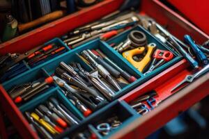 A toolbox drawer filled with an assortment of tools, including screwdrivers, pliers, wrenches, and other tools. photo