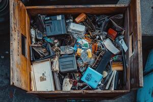 A wooden crate overflowing with various items of electronic waste. photo