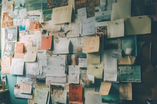 A wall covered in notes, sketches, and photos. photo