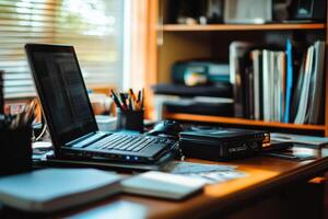 Laptop and office supplies on a desk in a home office. photo
