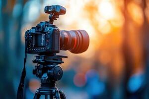 DSLR camera on tripod with sunset background. photo