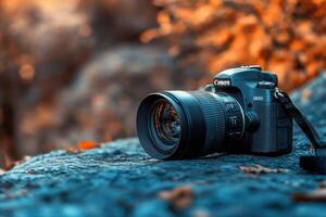 DSLR camera on a rock with a blurred background of orange leaves. photo