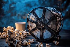 Old film reel with popcorn and a cup on a table. photo