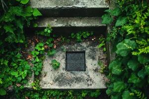Overgrown concrete stairs with a square grate in the middle. photo