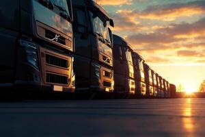 Row of semi trucks parked at sunset. photo