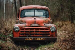 Rusted red vintage pickup truck in the woods. photo
