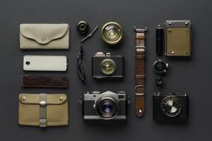 Flat lay of vintage camera, leather wallet, sunglasses, watch, and other accessories on a dark background. photo