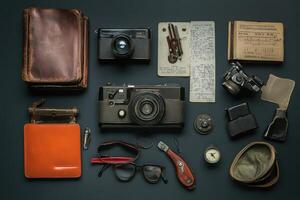 Vintage camera, compass, knife, glasses, and other travel essentials arranged on a dark background. photo