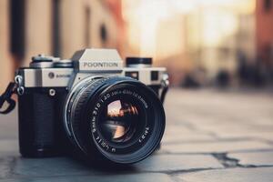 Vintage camera on a cobblestone street. photo