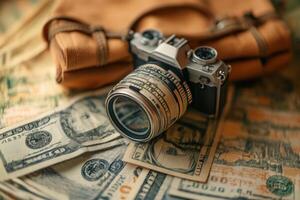 Vintage camera on a pile of US dollar bills with a brown leather case. photo