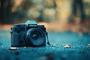 A black camera on a asphalt road with fallen leaves in the background. photo