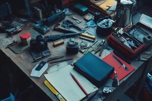 A cluttered workspace with tools, a camera, and a notebook. photo