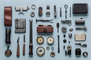 A collection of vintage tools and gadgets arranged on a blue background. photo