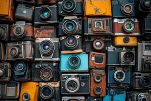 A wall of vintage cameras in various colors and styles. photo