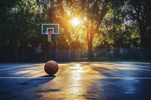 Basketball on a wet court at sunset. photo