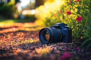 A DSLR camera lying on the ground surrounded by greenery and flowers. photo