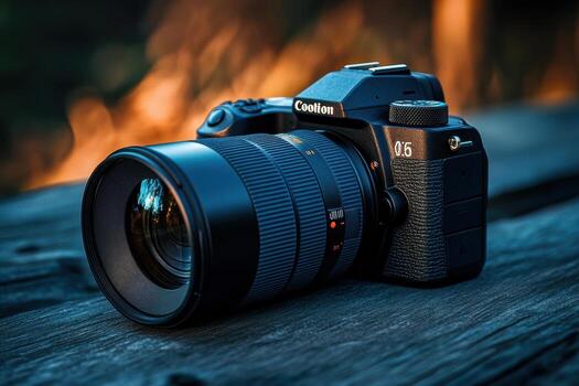 Black mirrorless camera with lens on wooden surface. photo