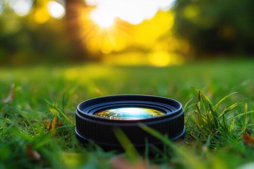 Camera lens on green grass with sun flare in background. photo