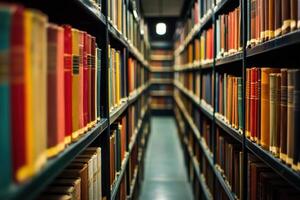 Bookshelves filled with books in a library. photo