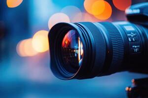 Camera lens with blurry city lights in background. photo