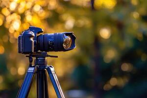 Camera mounted on a tripod in a forest with a blurred background. photo
