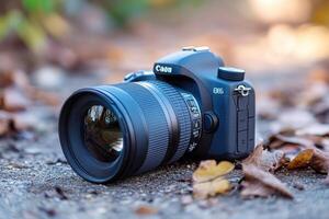 DSLR camera on a bed of autumn leaves. photo