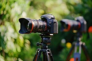 DSLR camera mounted on a tripod in a garden setting. photo
