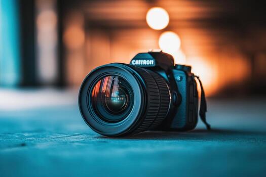 DSLR camera on concrete with bokeh background. photo