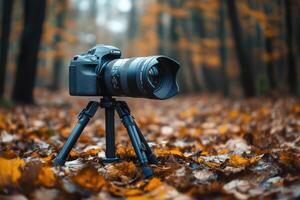 DSLR camera on a tripod in an autumn forest. photo