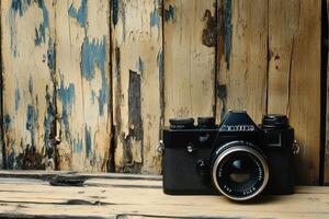 Vintage camera on a wooden background. photo