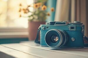 Vintage camera on a table with blurry flowers in the background. photo