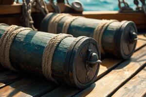 Two cannons on a wooden deck of a ship. photo