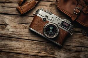 Vintage camera on wooden background. photo