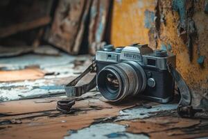 Vintage camera on a weathered wooden surface. photo