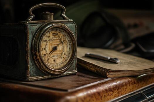 Vintage clock, pen, and book on a rustic table. photo
