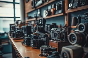 Vintage cameras and lenses on a wooden shelf. photo