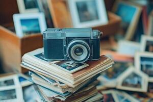Vintage camera on stack of old photos. photo