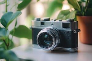 Vintage silver camera with green plant in the background. photo