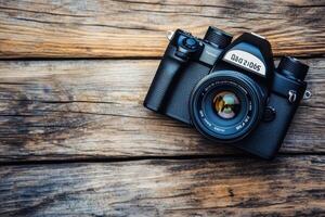 Vintage film camera on rustic wooden surface. photo
