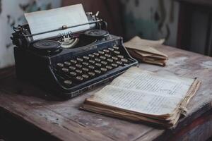 Vintage typewriter and open book on wooden table. photo