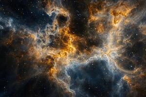 A colorful nebula with swirling gas and dust, against a dark backdrop of stars. photo
