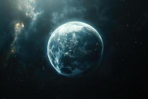 A blue planet in a vast, dark space with glowing nebulae in the background. photo