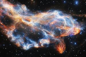 A cosmic cloud of gas and dust glows in the darkness of space, illuminated by nearby stars. photo