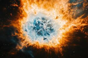 A cosmic explosion with a blue and white center surrounded by fiery orange gas and a star field. photo