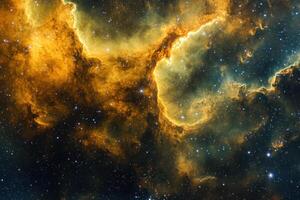 A cosmic nebula glows with vibrant yellow, orange, and blue hues, illuminating the surrounding starry expanse. photo