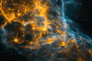 A cosmic nebula glows with vibrant orange and blue hues against a dark starry background. photo