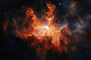 A cosmic nebula in the night sky with red and orange glowing gas. photo