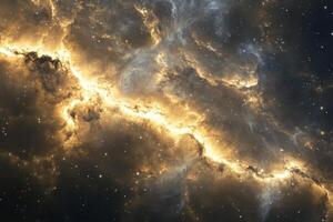 A cosmic nebula with a fiery streak of light illuminating the dark space. photo